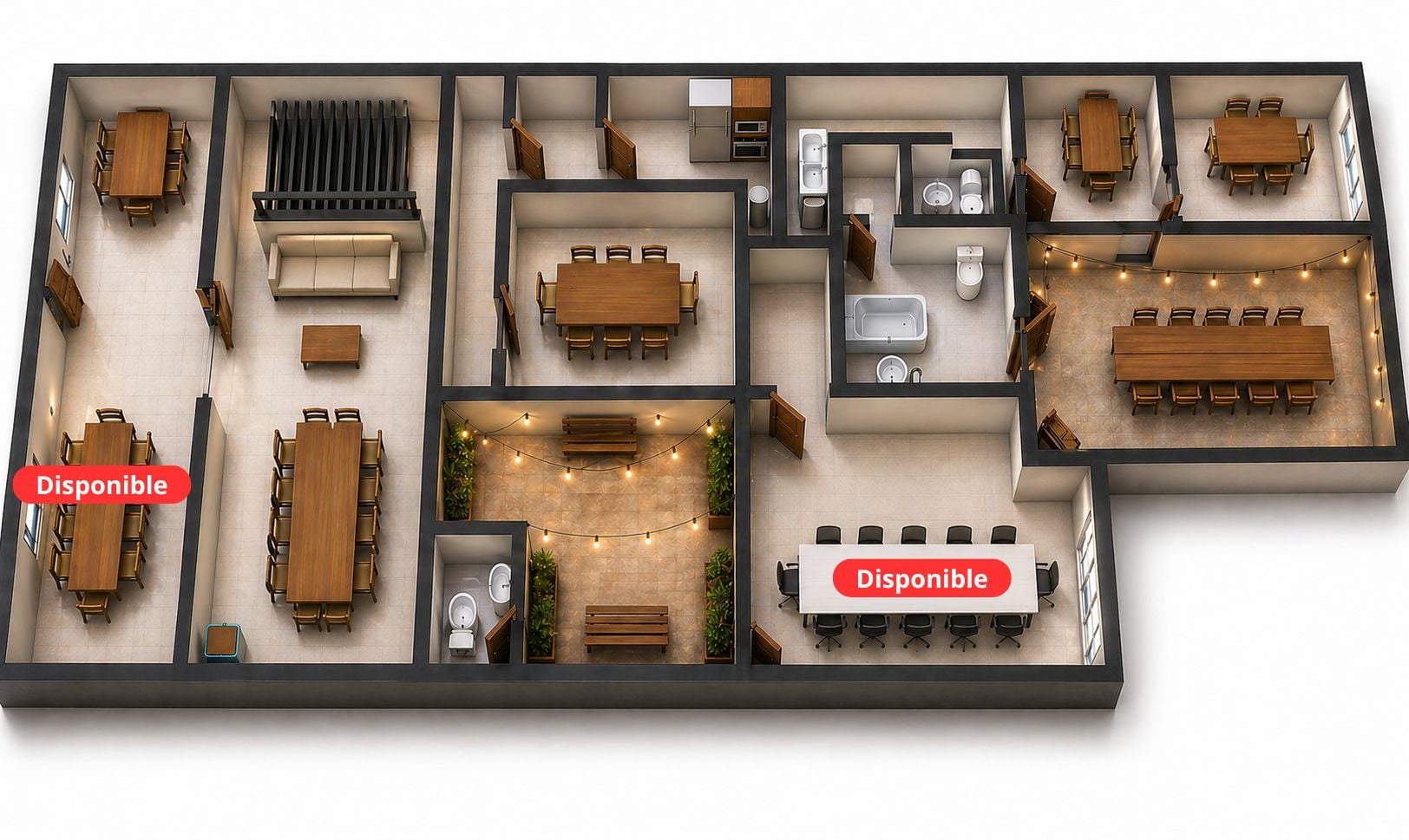 Plano isométrico 3D de Pawer Belgrano sobre Av. Cabildo 1458 mostrando las dos oficinas privadas disponibles, dos patios, sala de reuniones, cocina y baños
